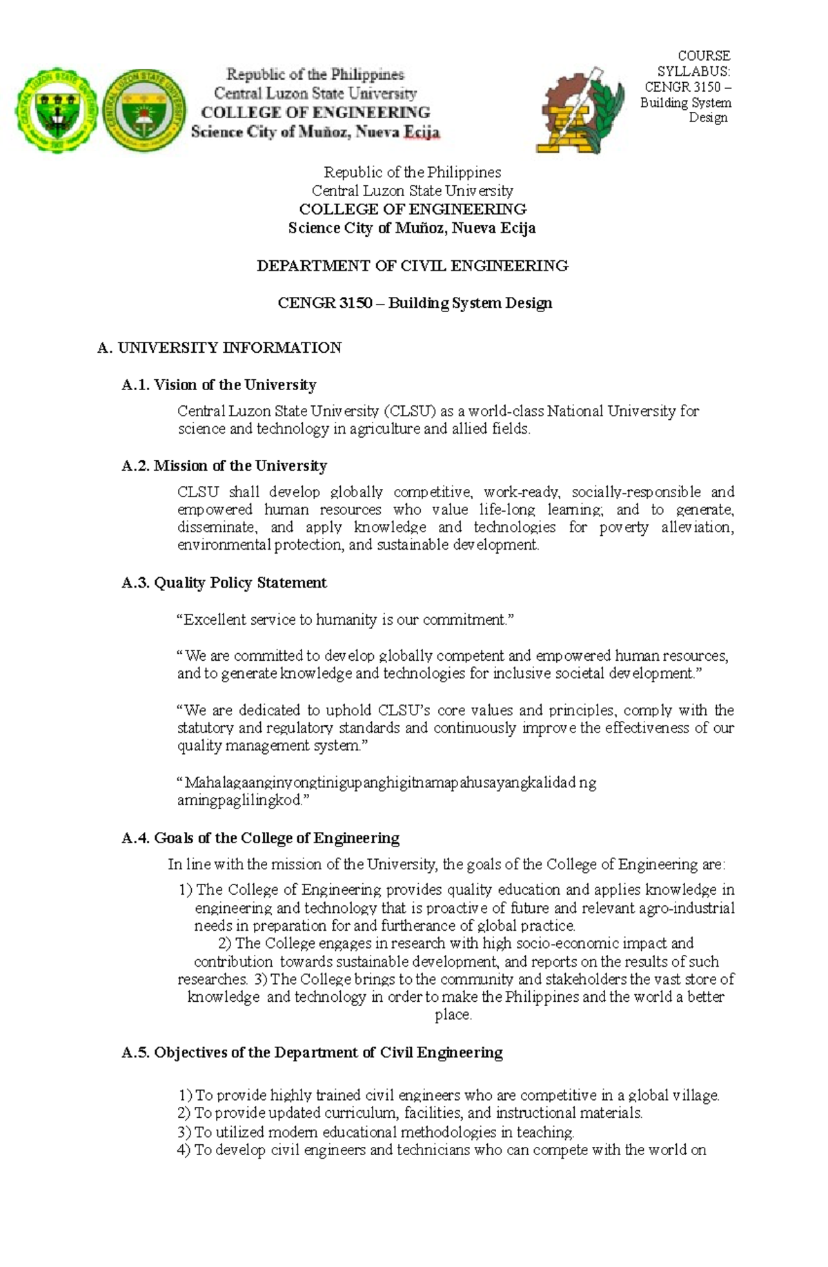 Cengr 3150 Building System Design Course Syllabus 1st SEM A.Y. 2022