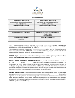 Contrato Enfermera 2022 - CONTRATO LABORAL NOMBRE DEL EMPLEADOR CORPORACION  SAN MIGUEL ARCANGEL. - Studocu