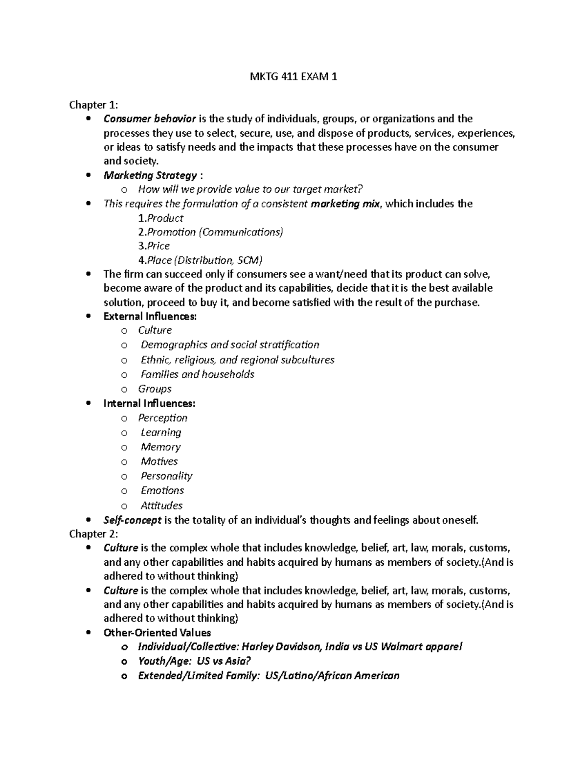 MKTG 411 EXAM 1 - Study guide of material from lectures for exam 1 ...