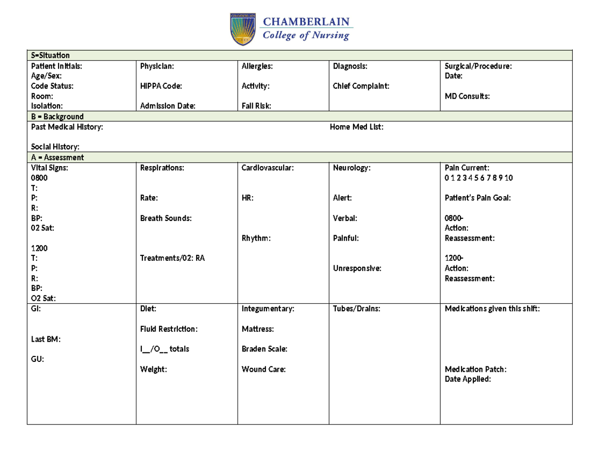 Nr324 325 Sbar 2 Pages Sbar S Situation Patient Initials Age Sex Code Status Room