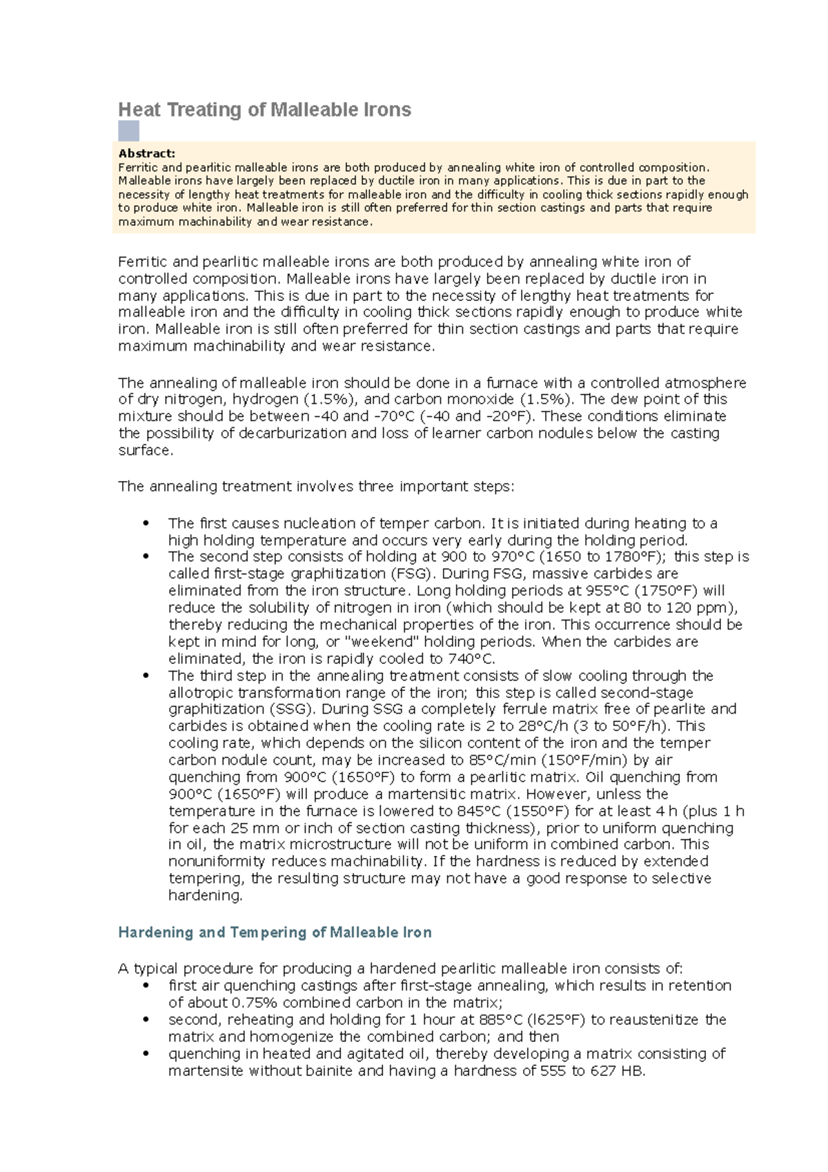 Heat Treating of Malleable Irons Heat Treating of Malleable Irons