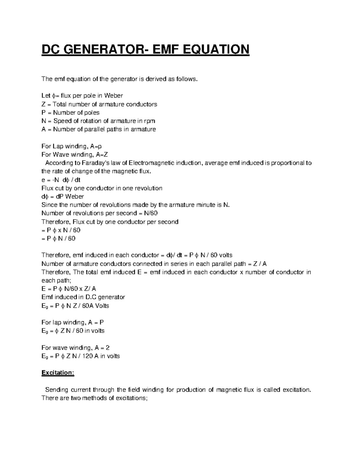 Emf equation - Let ɸ= flux per pole in Weber Z = Total number of ...