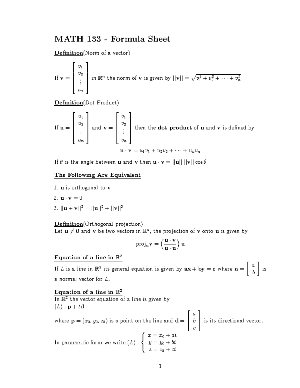 Math133 Formulas Lin Algebra - MATH 133 - Formula Sheet Definition(Norm ...
