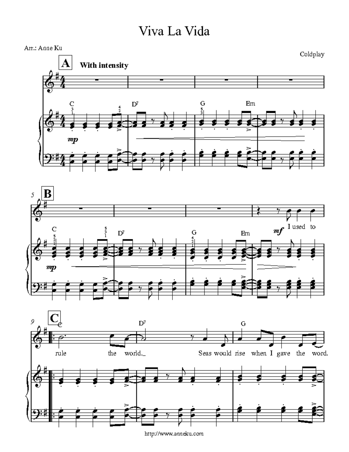 Viva la vida easy piano viva la vida { { { Coldplay A Arr. Anne Ku