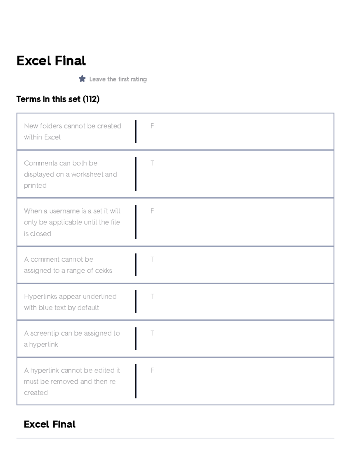 Excel Final Flashcards Quizlet Excel Final Leave the first rating