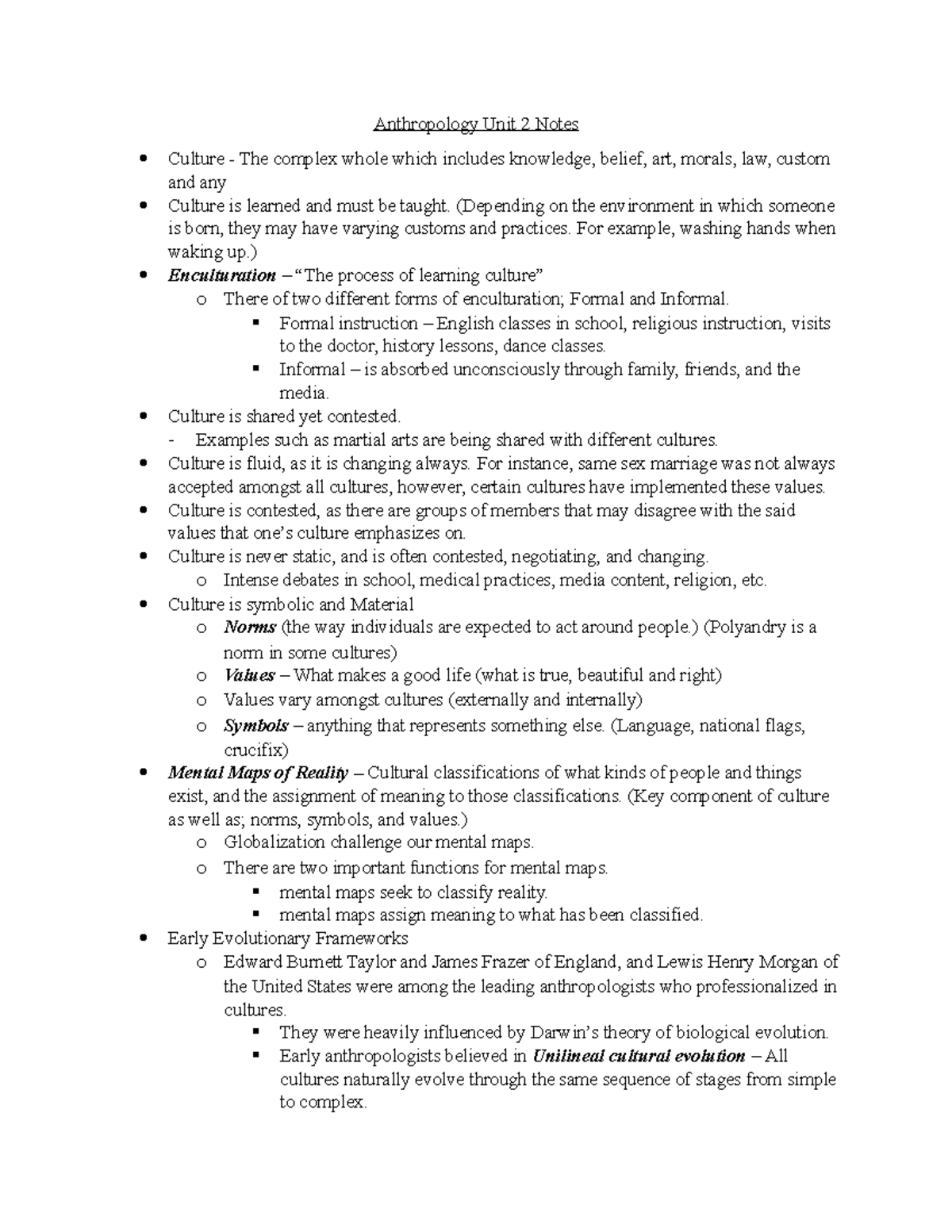 Anthropology Unit 2 Notes Anthropology Unit 2 Notes Culture The