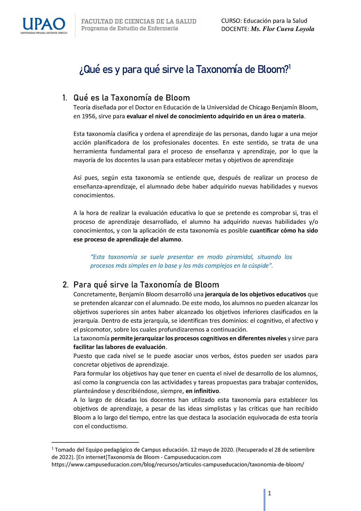 TA 01 Taxonomía De Bloom - DOCENTE: Ms. Flor Cueva Loyola ¿Qué Es Y ...