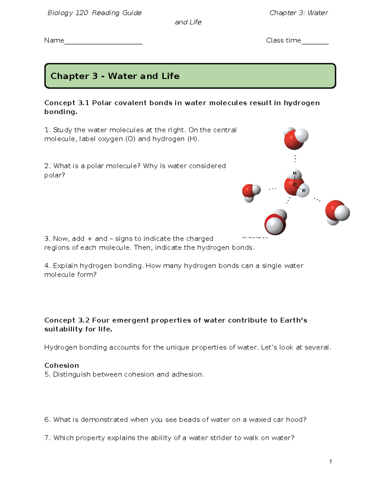 Chapter 3 - Water and Life - and Life Name_______________________ Class ...