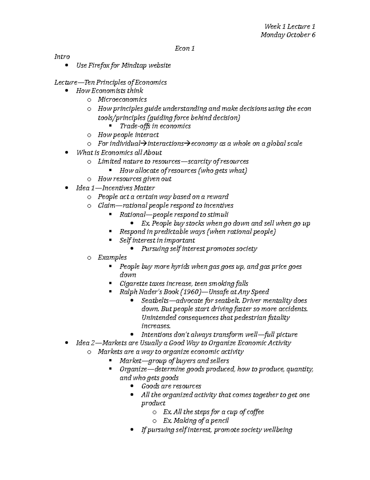 Econ 1 Week 1 Class Notes - Week 1 Lecture 1 Monday October 6 Econ 1 ...