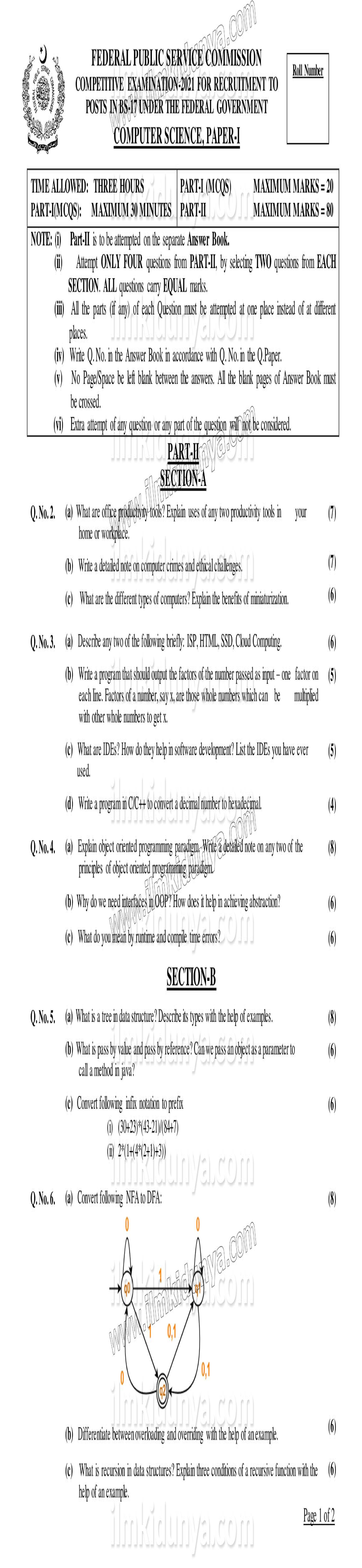 CSS past paper 2021 Computer Science Paper 1 Subjective 1 - ) FEDERAL ...