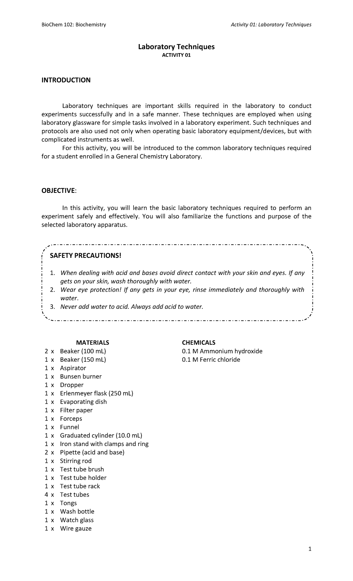 Bio Chem 102 Act 01 - Laboratory Techniques ACTIVITY 0 1 INTRODUCTION ...
