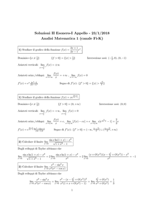 Esercizi svolti di Analisi 1 - Soluzioni II Esonero-I Appello - 23/1/ Analisi  Matematica 1 (canale - Studocu