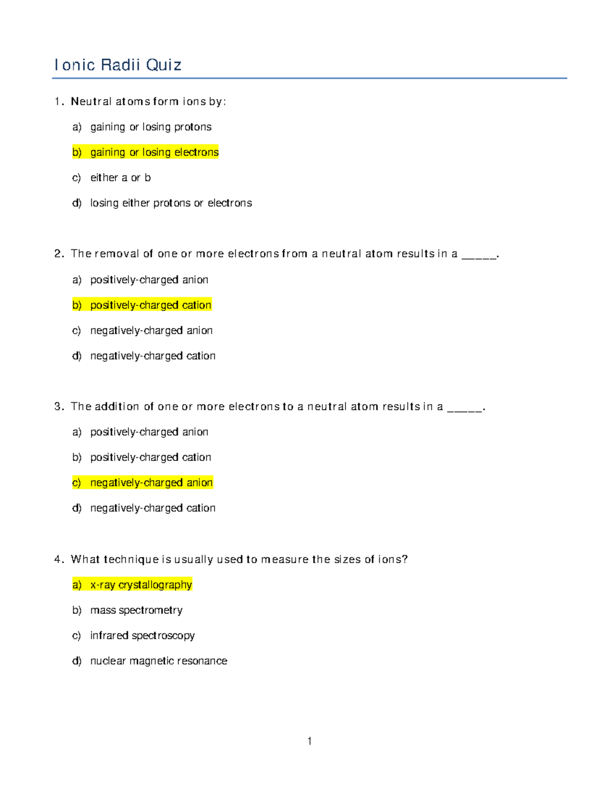 Ionic Radii Quiz answers 1 I on ic Radii Quiz Neut r al at om s f or
