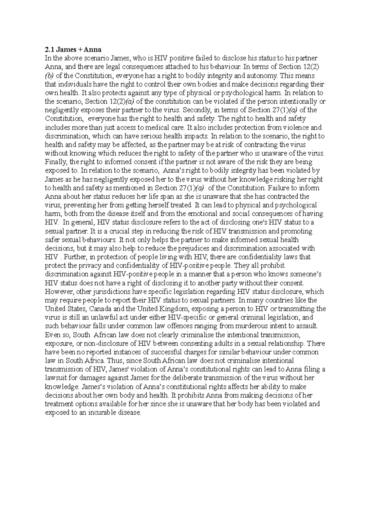 ILL - llb law - 2 James + Anna In the above scenario James, who is HIV ...