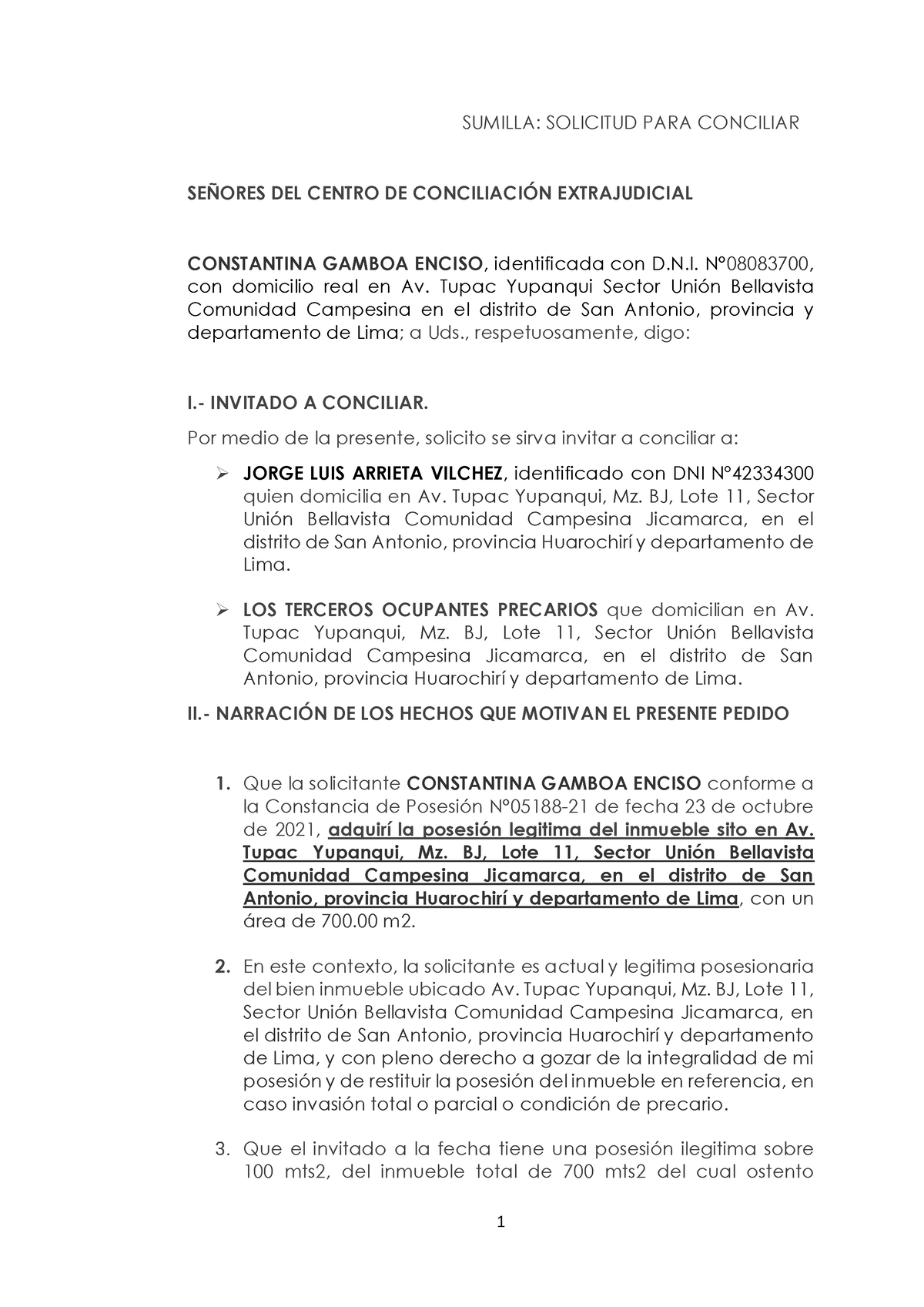 Invitacion A Conciliar 1 Sumilla Solicitud Para Conciliar SeÑores Del Centro De ConciliaciÓn 1892