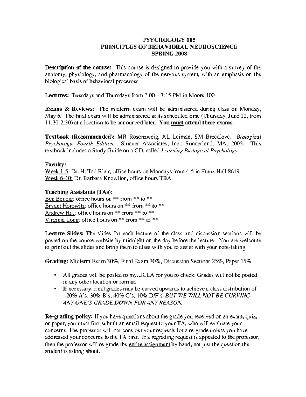 Behavioral Neuroscience Psych 115 Syllabus - PSYCHOLOGY 115 PRINCIPLES ...