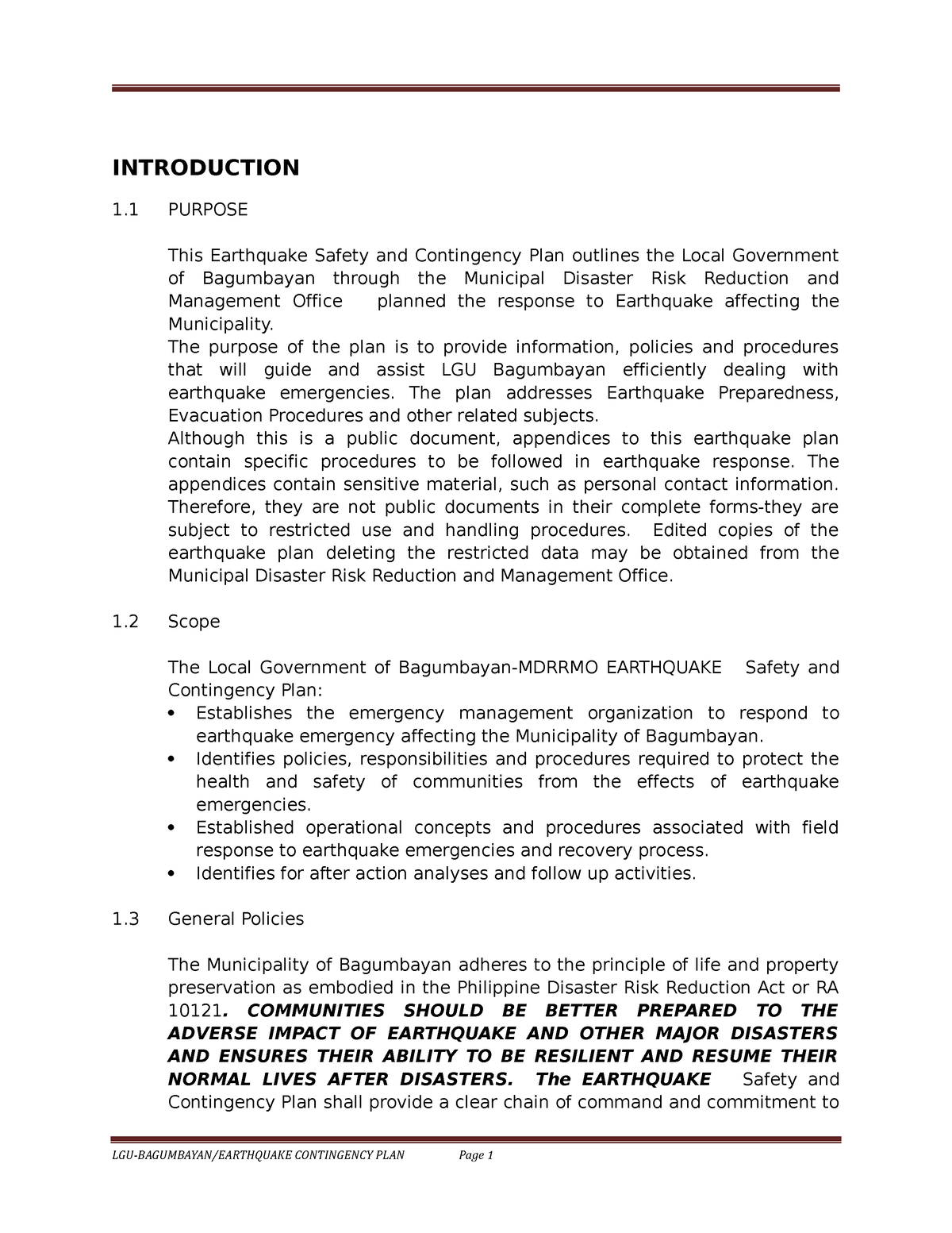 Earthquake Contingency Plan ( Draft) - Introduction 1 Purpose This 