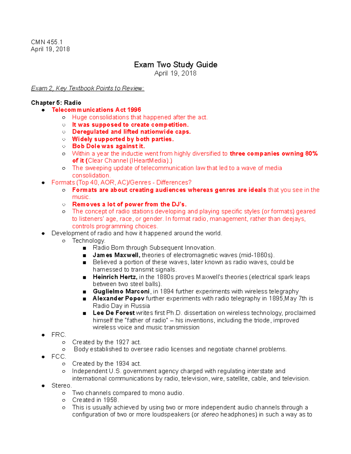 CMN 455.1 April 19 2018 Exam Two Study Guide April 19 2018 Exam 2 Key ...