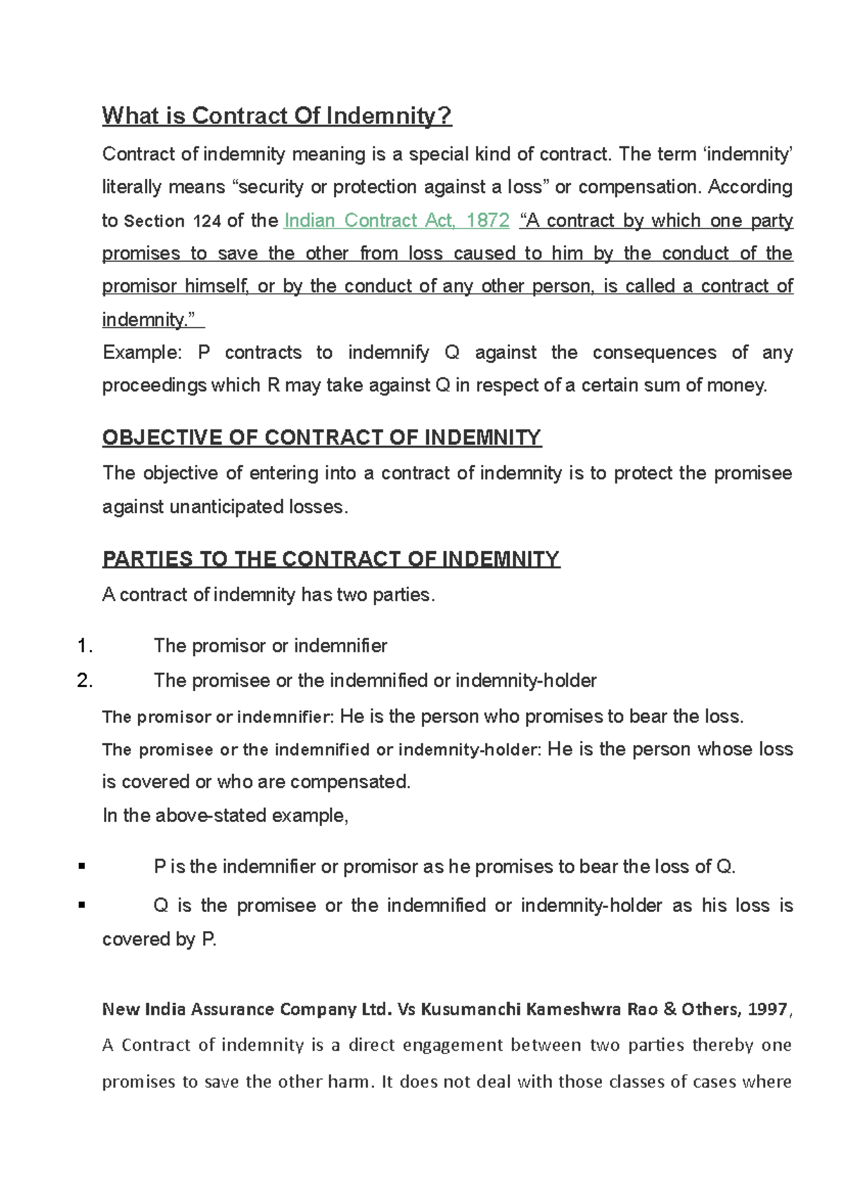 Contract Of Indemnity - What is Contract Of Indemnity? Contract of ...