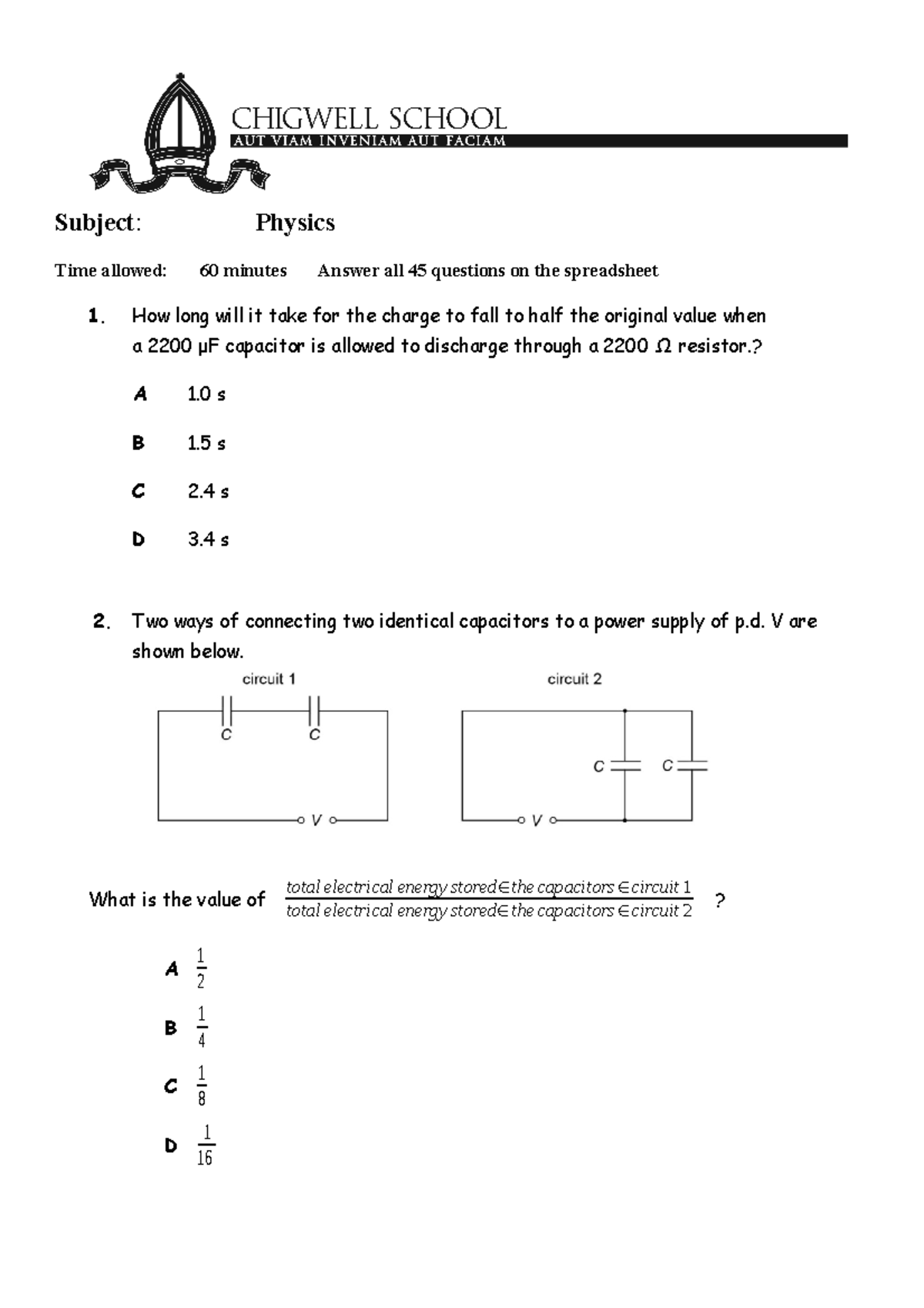 Practice Exam for general and medical physics Subject Physics Time