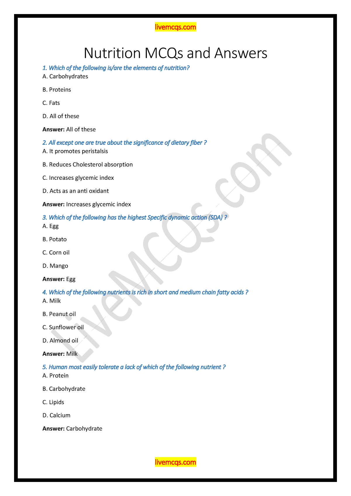 Nutrition MCQs And Answers - Nutrition MCQs And Answers Which Of The ...