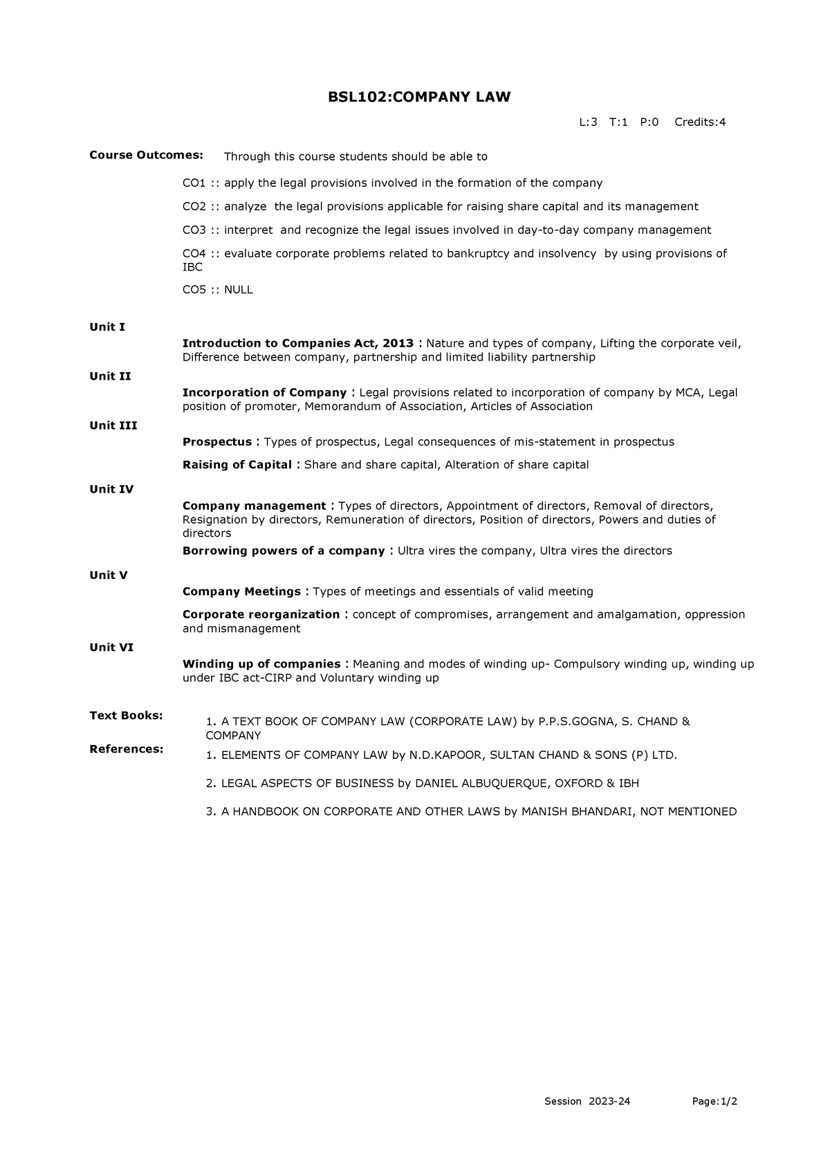 Company Law Syllabus IPDownload - BSL102:COMPANY LAW Course Outcomes ...