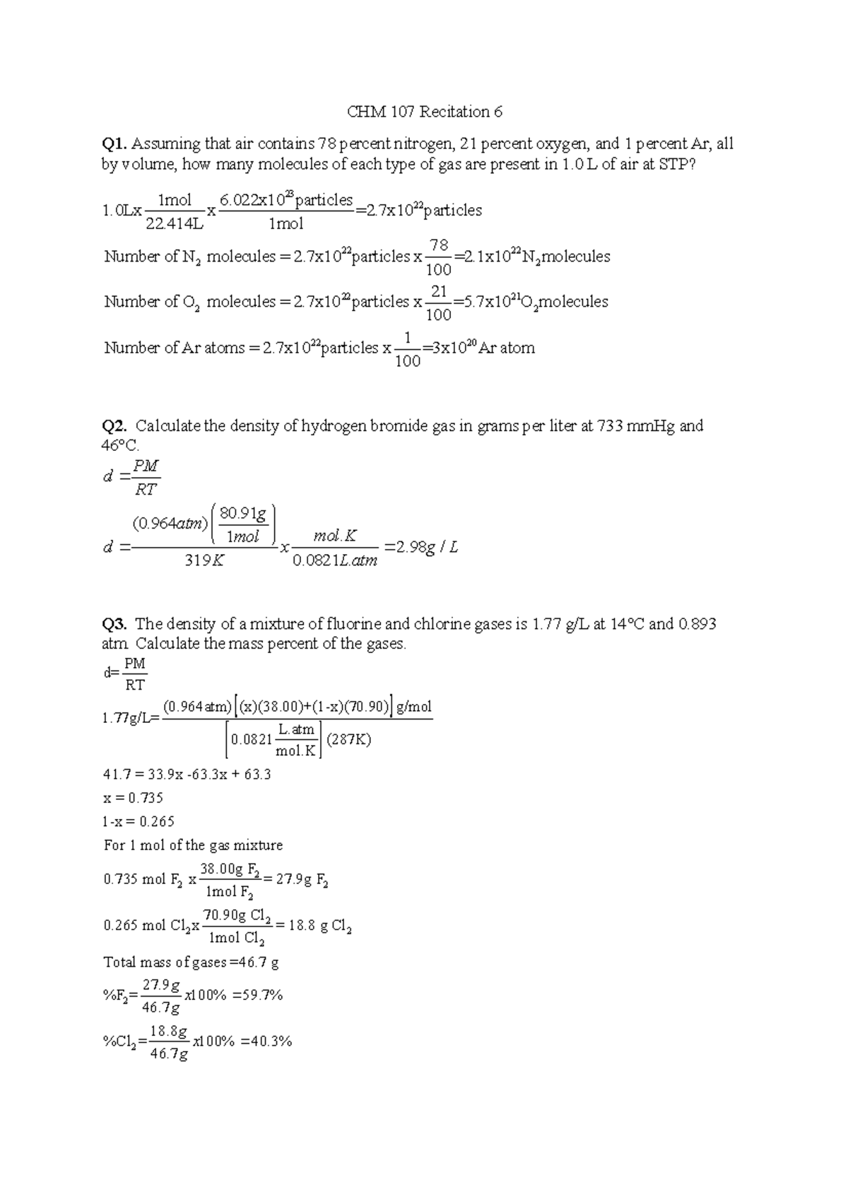 Exercises 6 Answers - Practice questions for CHM 107. - CHM 107 ...