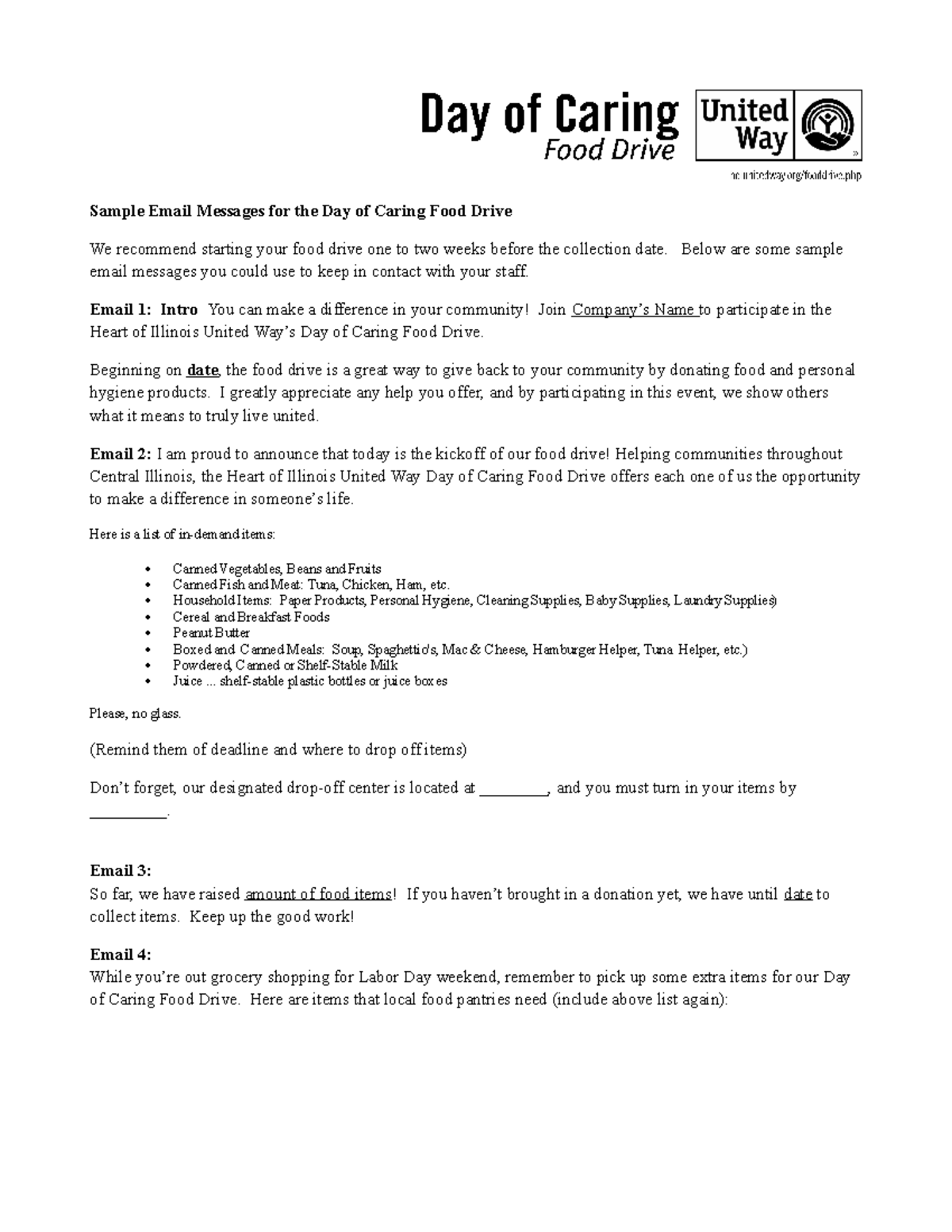 Hoiuw Food Drive Sample Email Messages - Sample Email Messages for the ...