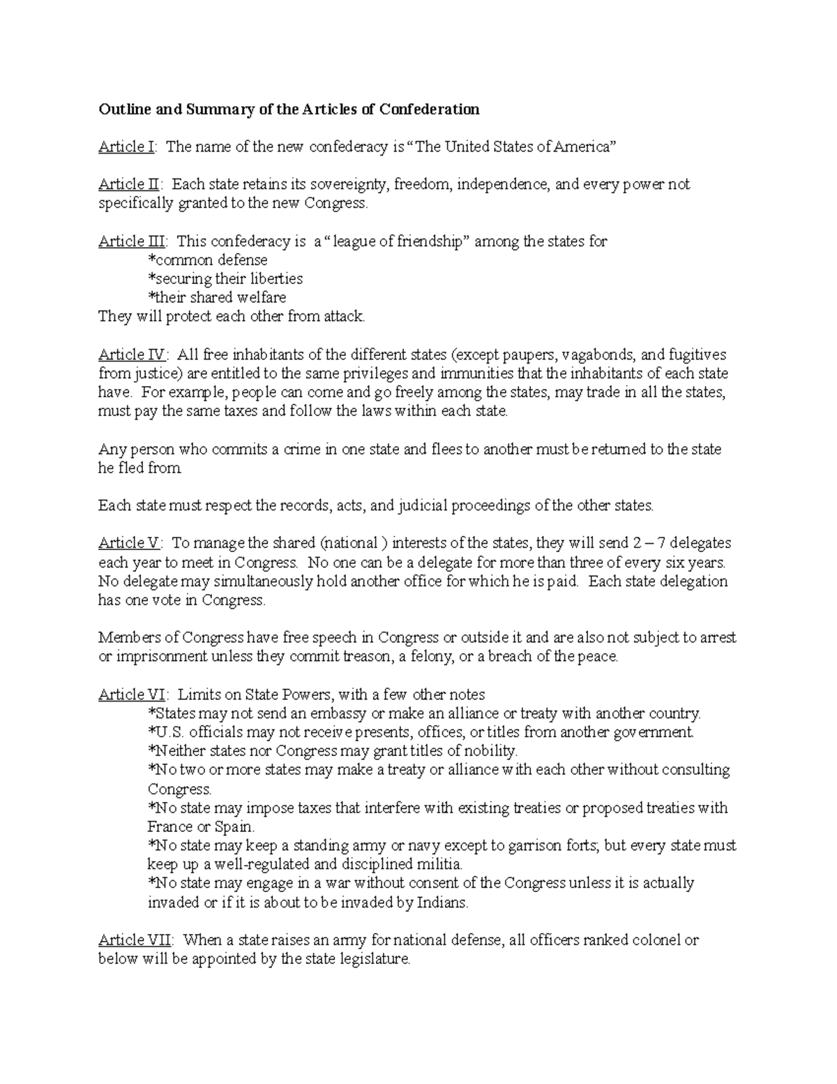 Outline and summary of the articles of confederation - Outline and ...