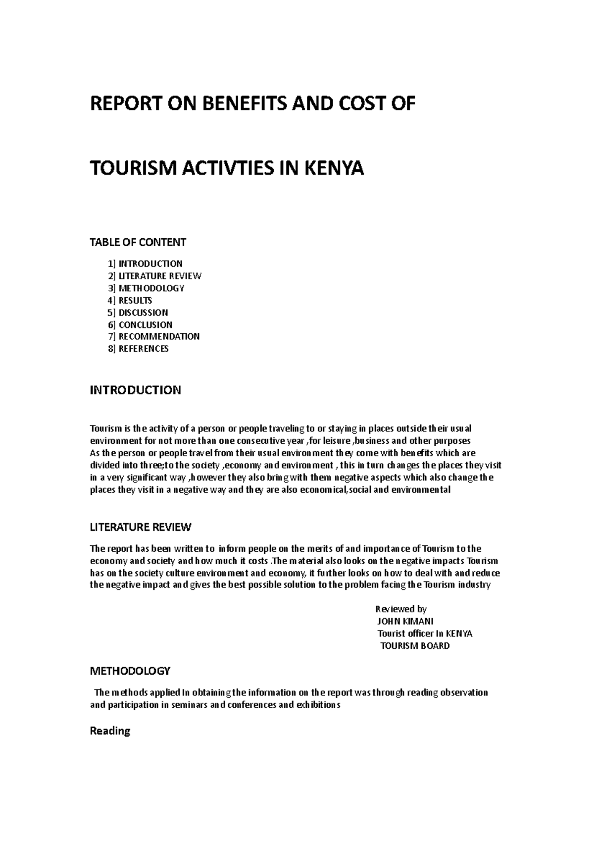 Report ON Benefits AND COST OF Tourism Activties I - REPORT ON BENEFITS ...