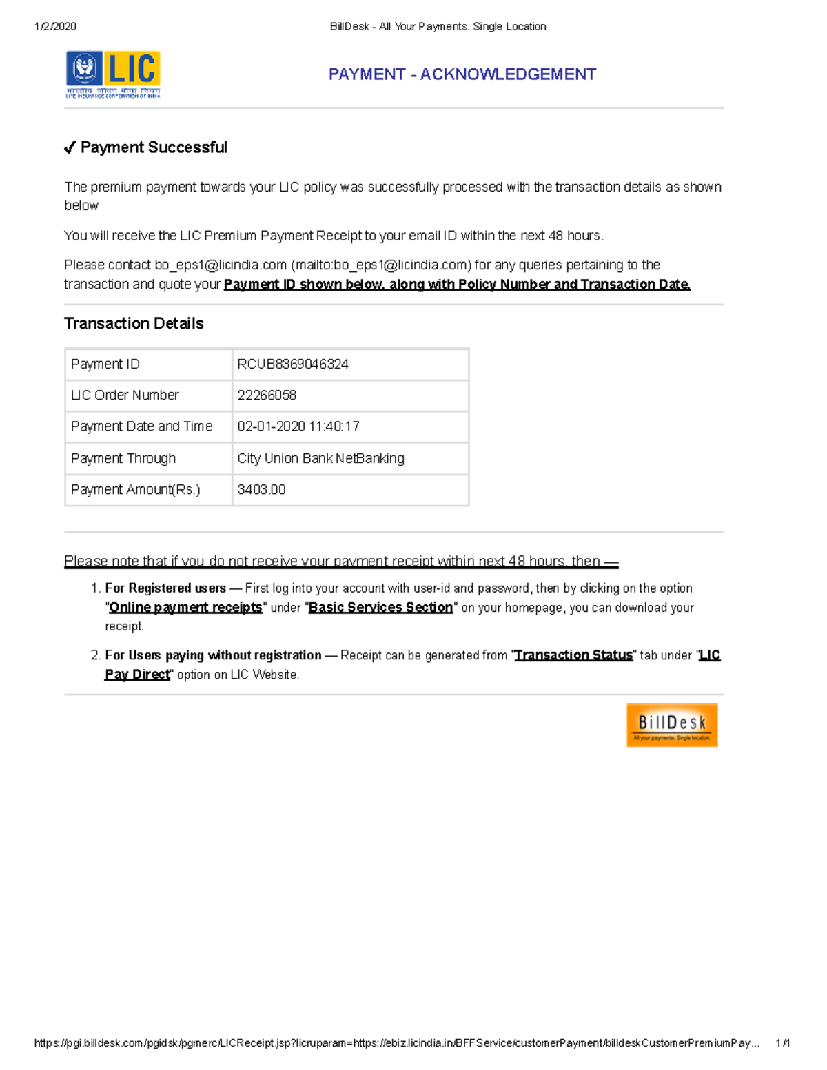 Jan 2020 lic bill yoga - notes - 1/2/2020 BillDesk - All Your Payments ...