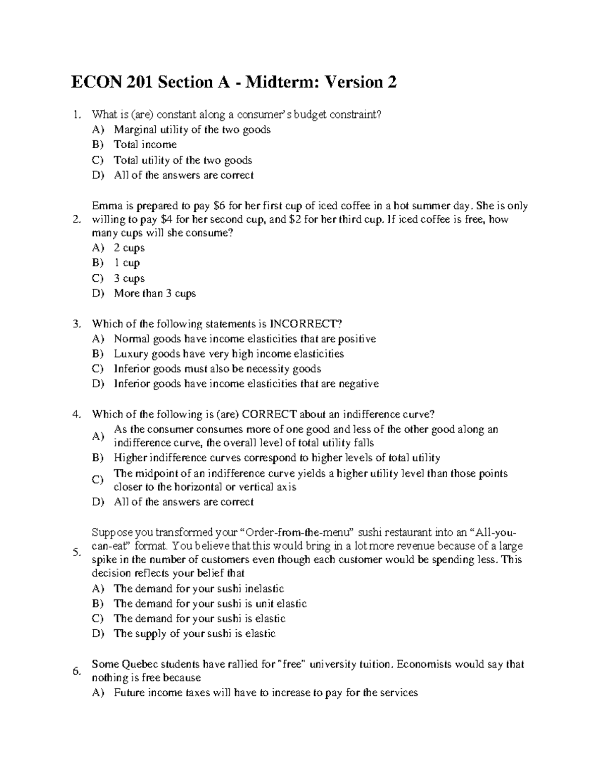 Midterm version 2 answers - ECON 201 Section A - Midterm: Version 2 ...