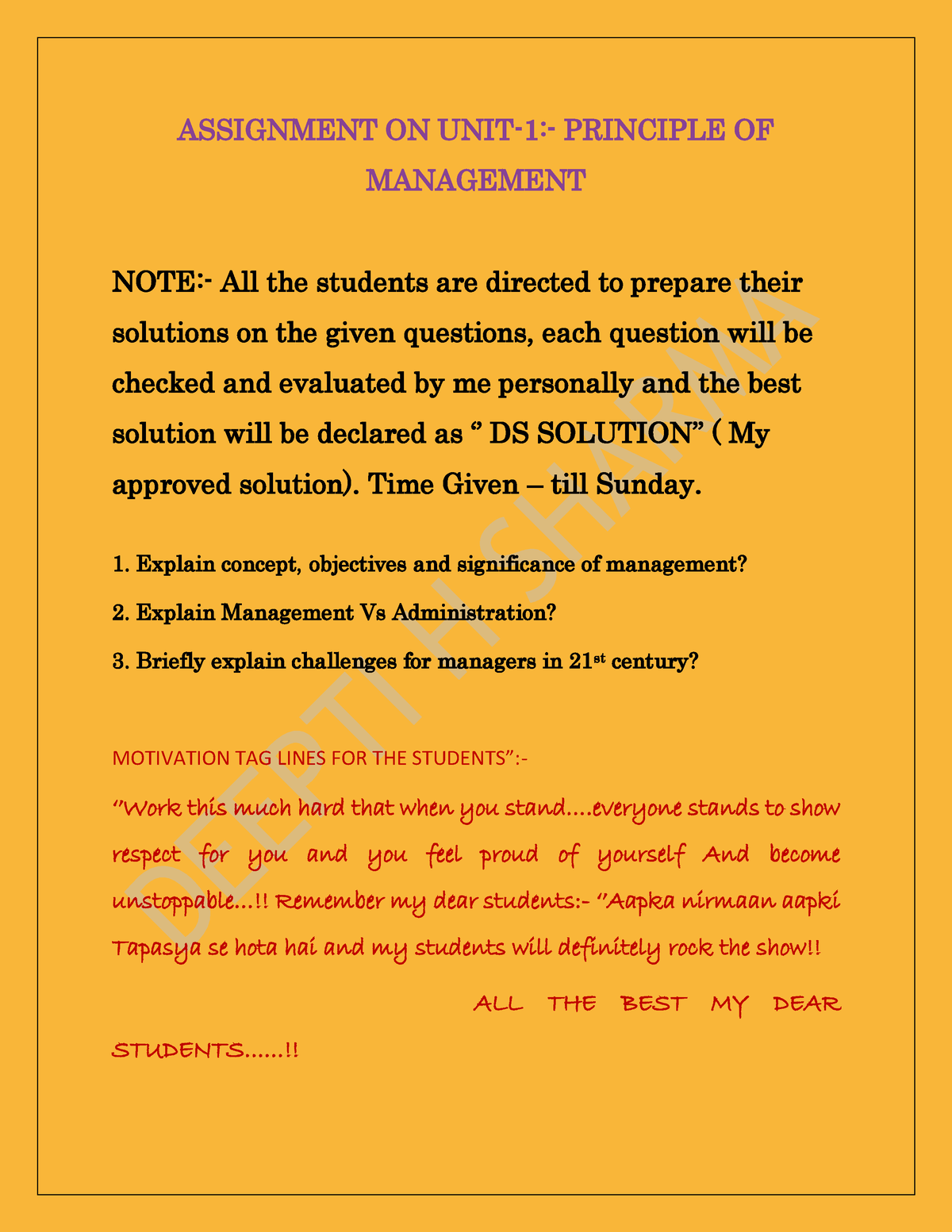 Assignment POM - NOTES - ASSIGNMENT ON UNIT-1:- PRINCIPLE OF MANAGEMENT ...