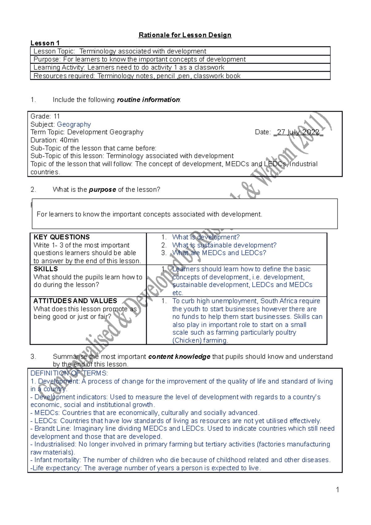 Lesson Plan u22835246 Rationale for Lesson Design Lesson 1 Lesson
