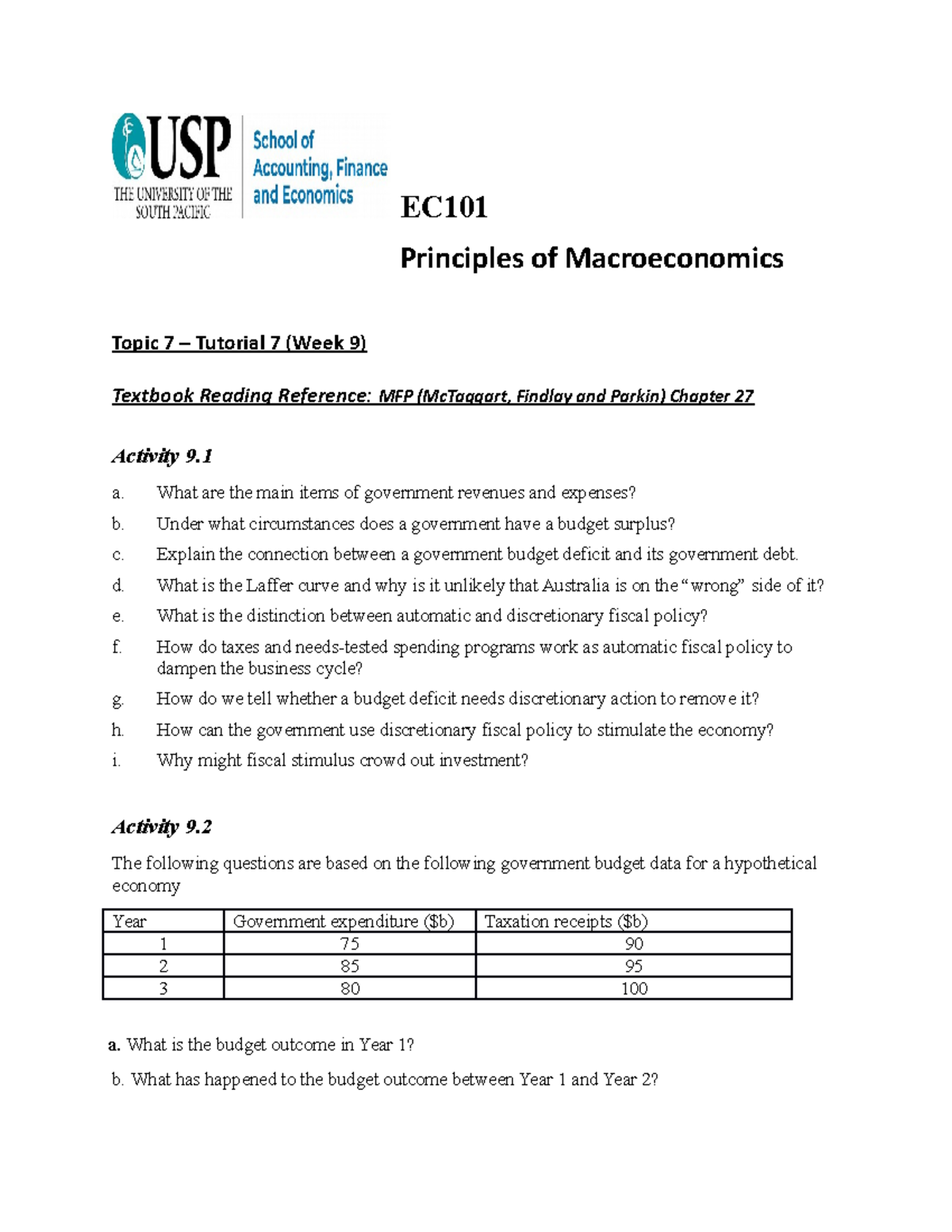 EC101 Blended Tutorial 7 - EC Principles of Macroeconomics Topic 7 ...