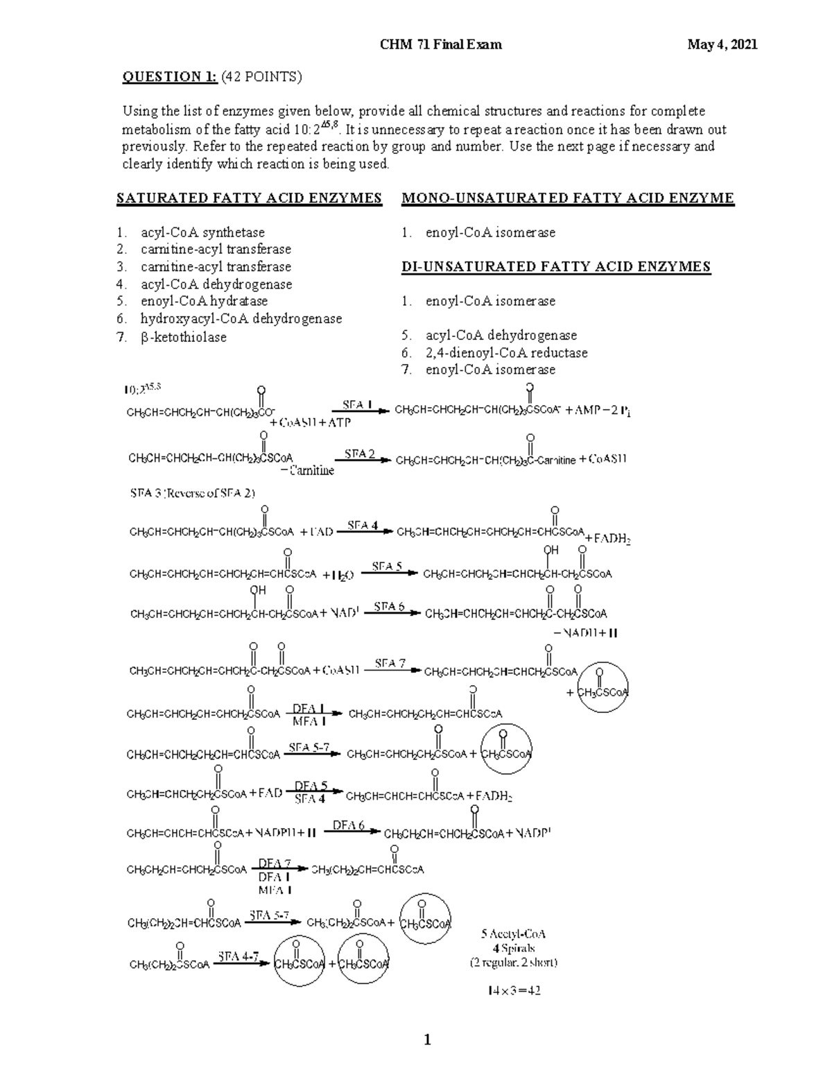 Final Exam (Key) - biochem - QUESTION 1: (42 POINTS) Using the list of ...