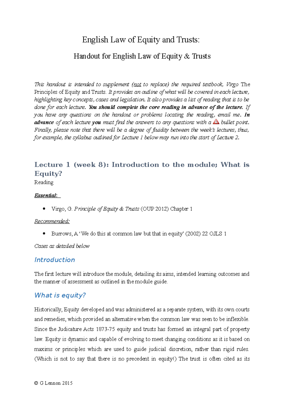 ET Handout L1-2 - helpful notes - English Law of Equity and Trusts ...