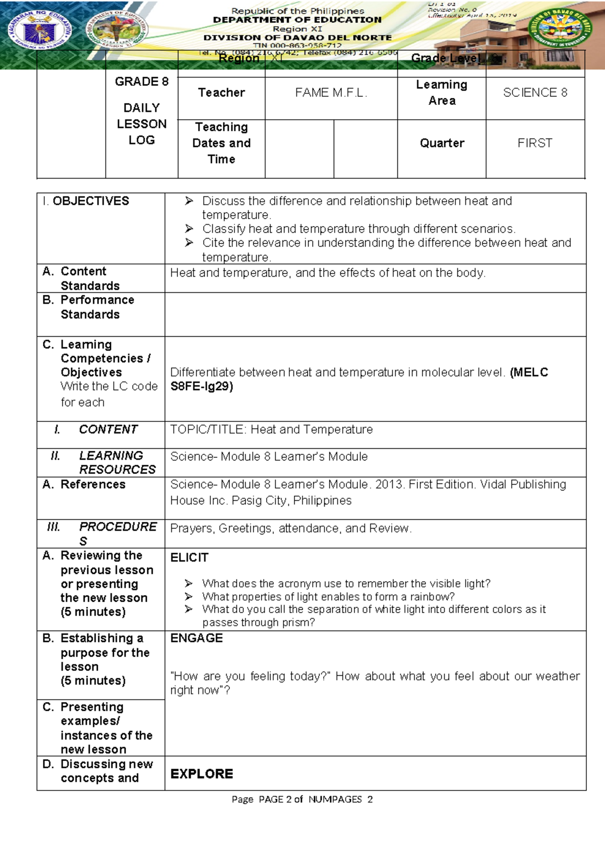 1st CO - Science 8 - GRADE 8 DAILY LESSON LOG Region XI Grade Level 8 ...