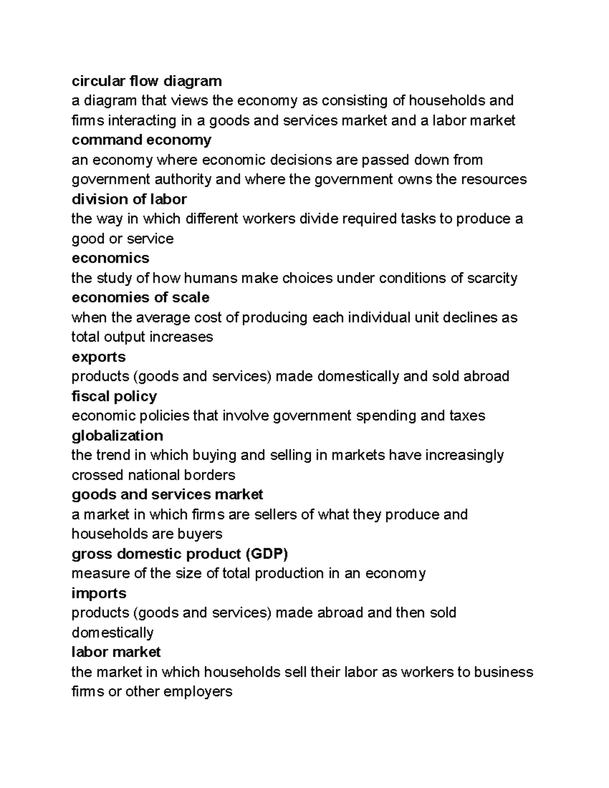 ECO101 Chpt 1 Key Terms circular flow diagram a diagram that views