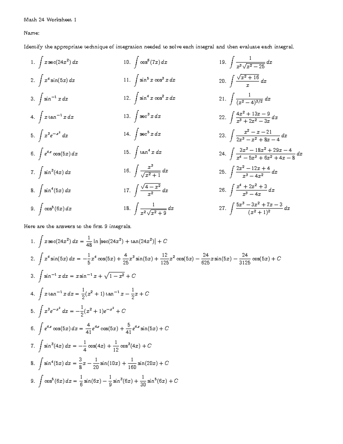 Worksheet 1 - Mandatory in-class assignment - Math 24 Worksheet 1 Name ...