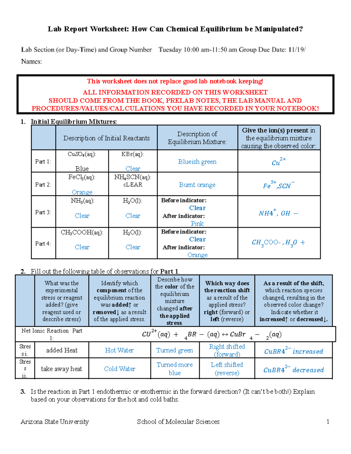 Equilibrium Worsheet v - Lab Report Worksheet: How Can Chemical ...