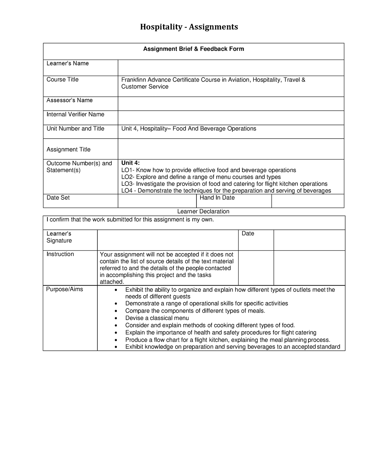 Hotel Management - F&B Operations (ACAH6) - Assignment Brief & Feedback ...