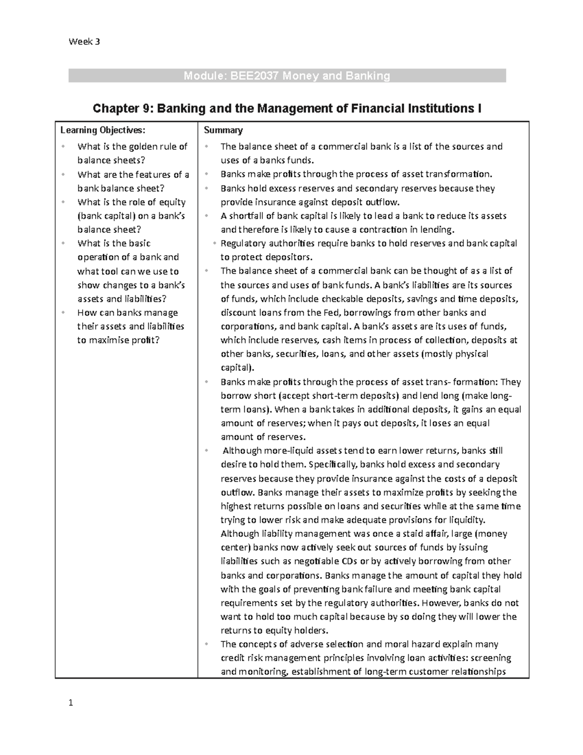 Money and Banking Notes Week 3 Module BEE2037 Money and Banking