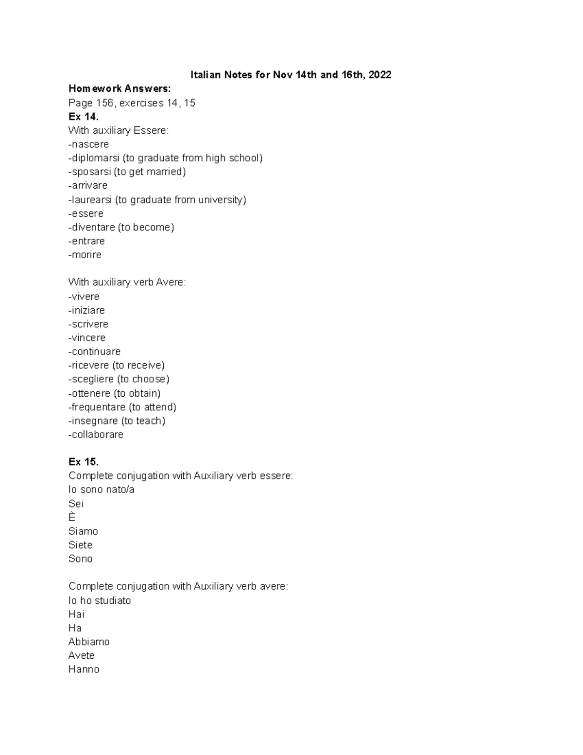 Ita+Notes+week+10-1 - notes - Italian Notes for Nov 14th and 16th, 2022 ...