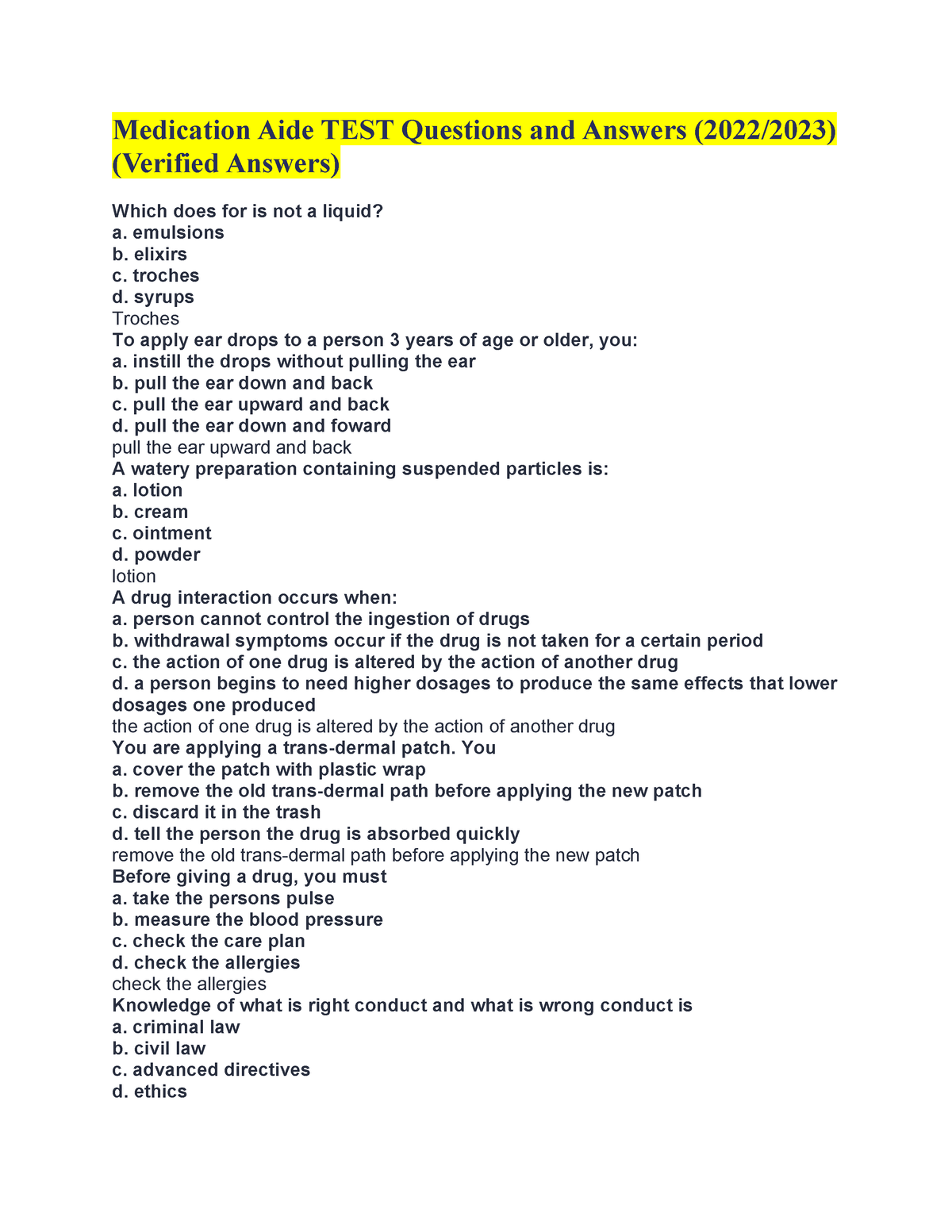 2 - Medication Aide TEST Questions and Answers (2022/2023) (Verified ...