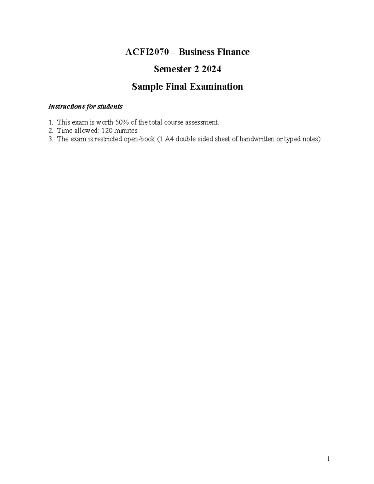 ACFI2070 Sample Final Exam 2024S2 Solutions - ACFI2070 – Business ...