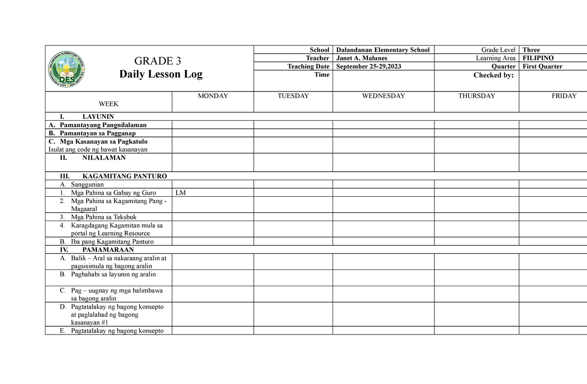 Blank Filipino DLL - Daily Lesson Plan - GRADE 3 Daily Lesson Log ...