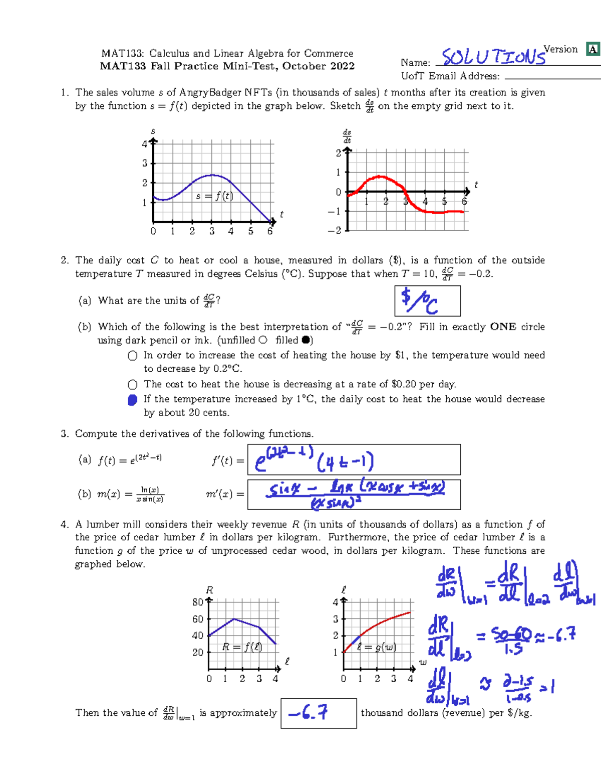 MAT133 Fall Mini Test Practice Solutions - MAT133: Calculus And Linear ...