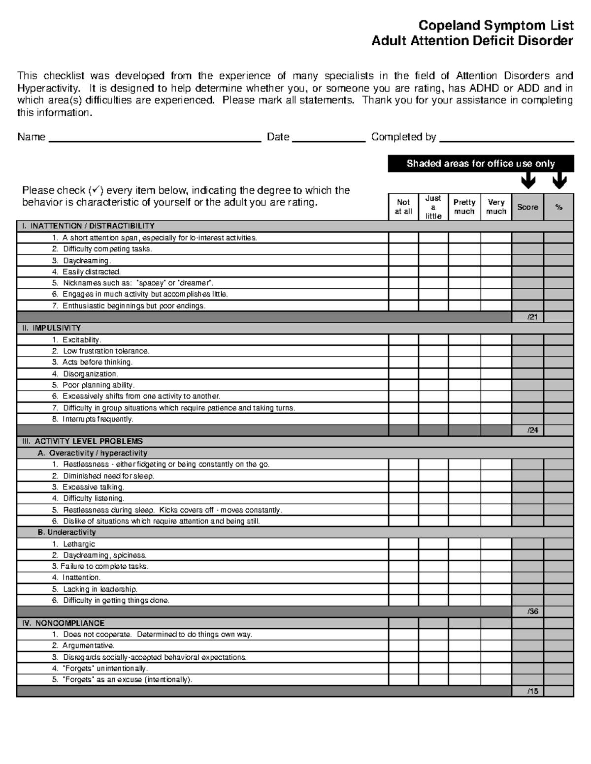Copeland Symptom Checklist Copeland Symptom List Adult Attention