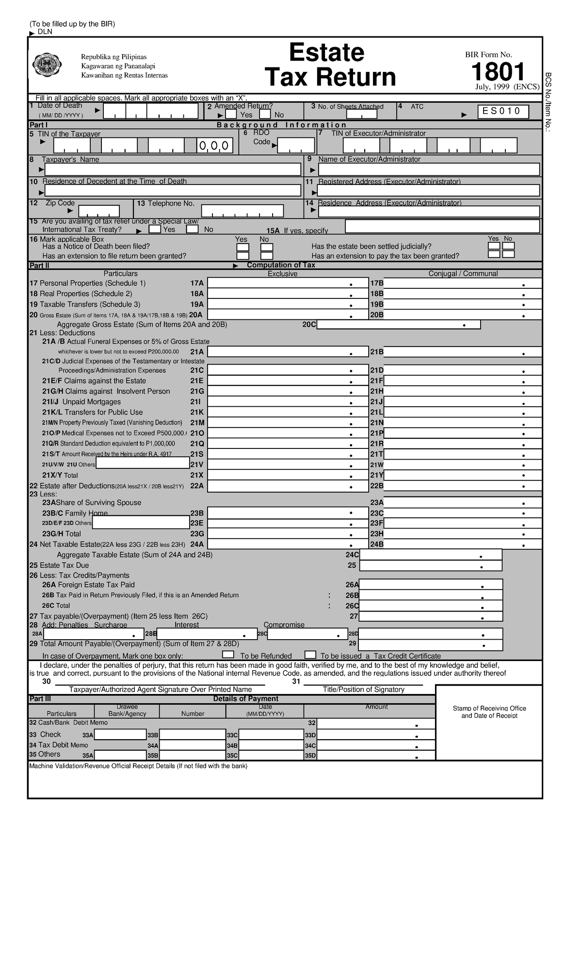 1 80 1 Bir Form Etr To Be Filled Up By The Bir Dln Fill In All